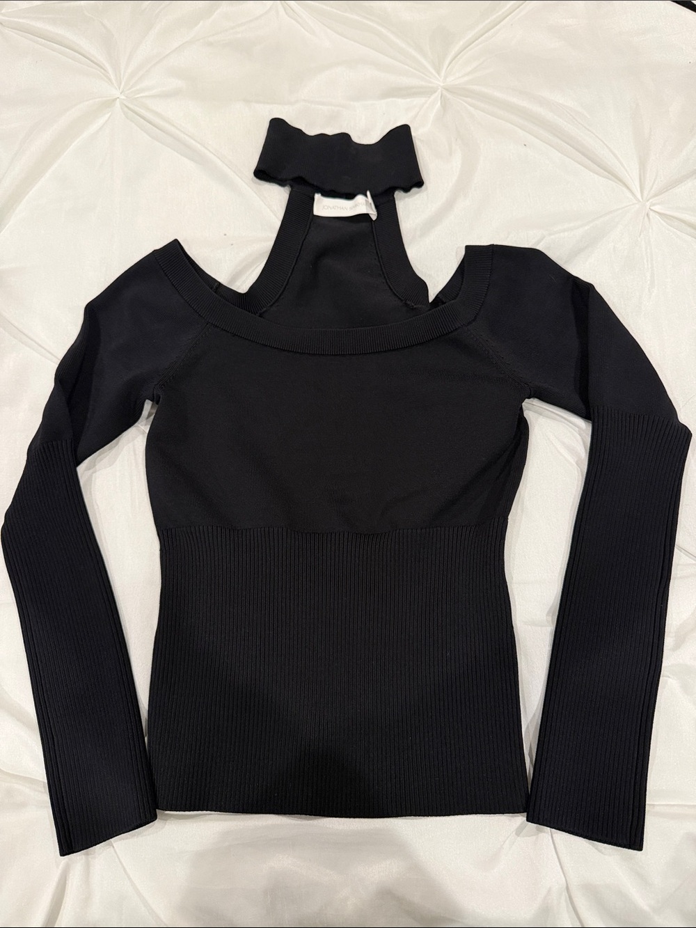 Jonathan SIMKHAI Black Off-Shoulder Ribbed Long Sleeve Top with Choker